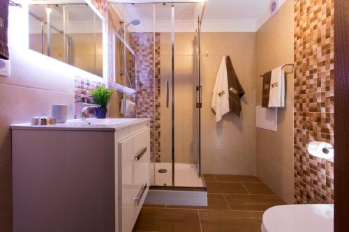 uma casa de banho com um chuveiro, um lavatório e um WC. em Antonella Home Funchal em Funchal