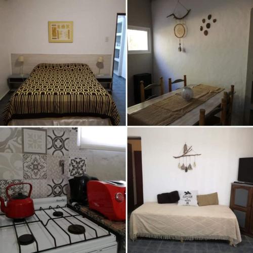 three pictures of a room with a bed and a stove at Establecimiento Rural El Chañar in San Rafael