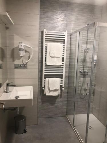 a bathroom with a shower and a sink at Hostel El Paloma in Santoña