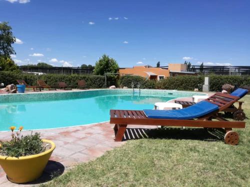 a swimming pool with two lounge chairs and a table at Establecimiento Rural El Chañar in San Rafael