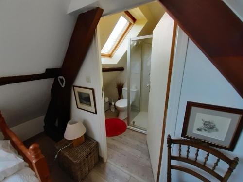 an attic bedroom with a bathroom with a toilet and a window at Les Alouettes B&B in Hardecourt-aux-Bois