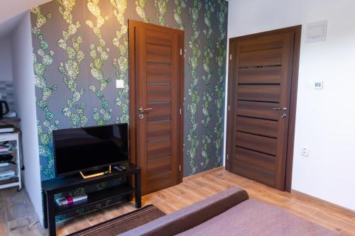 a living room with a tv and a wall at Arya vila in Piešťany