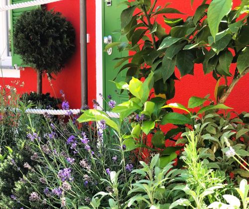 a garden of flowers and plants in front of a red building at About Italy Holiday Rooms and Apartments in Portovenere