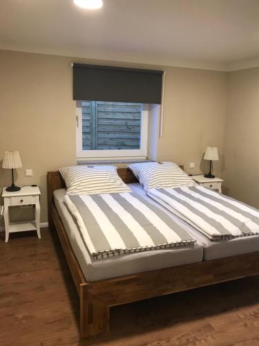 a bedroom with a large bed with a window at Ferienhaus Vogelberg in Lütjenburg