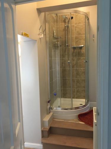 a bathroom with a shower with a glass door at Bron Hafren in Montgomery