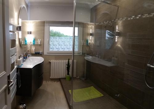 La salle de bains est pourvue d'une douche, d'un lavabo et d'une douche en verre. dans l'établissement TiNat chambre, à Douarnenez