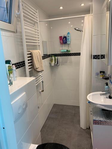 baño blanco con ducha y lavamanos en Hababa Short Stay, en Ámsterdam