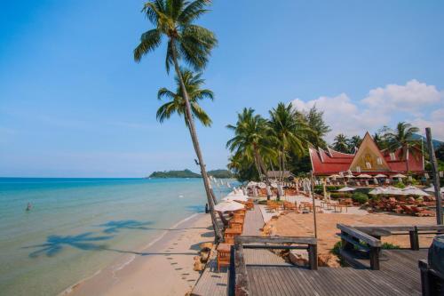 a beach with chairs and palm trees and the ocean at Santhiya Tree Koh Chang Resort in Ko Chang