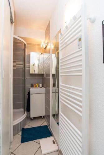 La petite salle de bains est pourvue d'une douche et d'un lavabo. dans l'établissement Maison 8 personnes au coeur de la vallée du Louron, à Loudenvielle