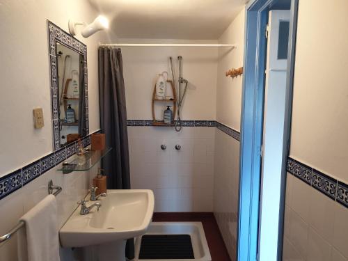 a small bathroom with a sink and a mirror at Casa Rotas a Nordeste in Nordeste