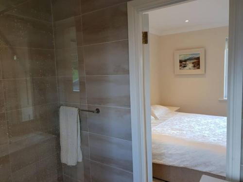 a bathroom with a shower and a bed at Misty Bay - Kenmare in Kenmare