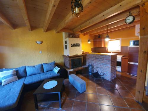 a living room with a blue couch and a fireplace at Domek nad jeziorem, Kalinówka w Olchowcu, Solina in Olchowiec