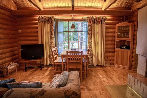 a living room with a couch and a table and a television at Villa Omena at MESSILA ski & camping in Hollola