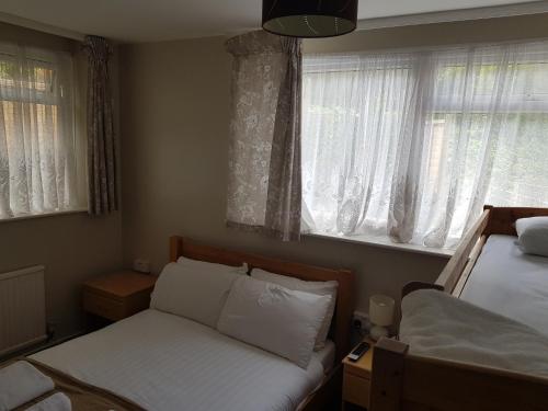 a bedroom with two beds and two windows at Victoria Lodge in Shanklin