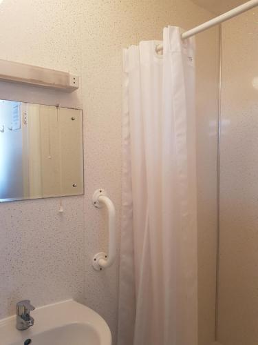 een badkamer met een douchegordijn en een wastafel bij Victoria Lodge in Shanklin