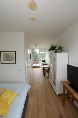 a living room with a bed and a television and a table at B&B De Zwanebloem in Amsterdam