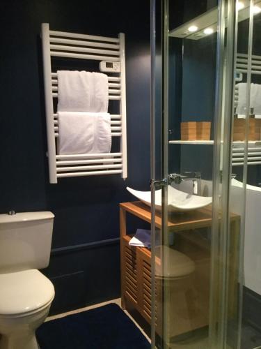 une salle de bain avec toilettes, lavabo et miroir dans l'établissement La Maison de Jeanne, à Dieppe