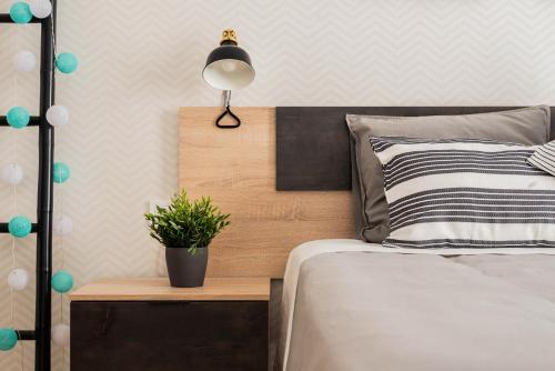 a bedroom with a bed with a lamp and a potted plant at Nordik Rooms Urban - Trinidad "Copenhague" in Málaga