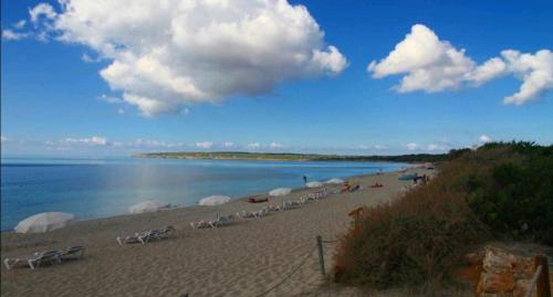 a beach with a bunch of chairs and the ocean at Appartamentos Michel Dos in Sant Ferran de Ses Roques