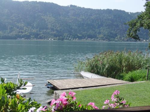 a dock on a lake with two boats on it at Ferienwohnungen Kircher Villa Baudisch in Sattendorf