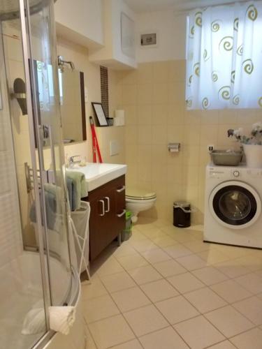 Un baño con lavabo y lavadora. en Apartment Stepanjan, en Bled