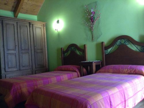 two beds in a room with green walls at Casa Carpintero in Torla-Ordesa