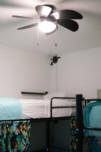 a ceiling fan in a room with two bunk beds at NATIVUS Art-Hostel in San José