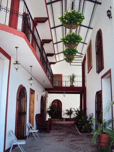 a hallway of a building with potted plants at Hotel De Santiago in Chiapa de Corzo