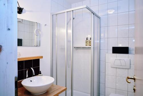 a bathroom with a shower and a white sink at Der Tannenhof in Reutte