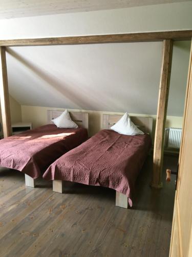 two beds sitting next to each other in a room at Krūmiņmāja in Staicele