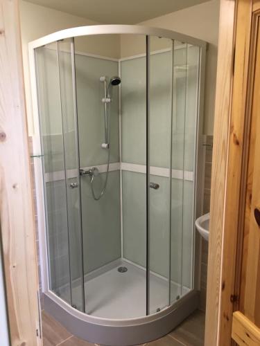 a shower with a glass enclosure in a bathroom at Krūmiņmāja in Staicele