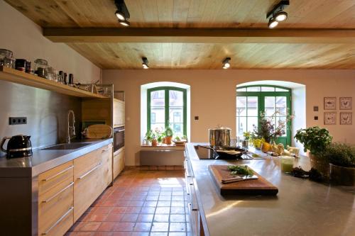 a large kitchen with wooden ceilings and a counter top at Statek Topělec Appartman I in Písek