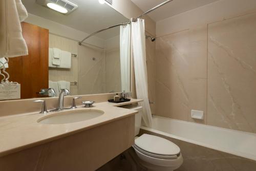 a bathroom with a sink and a toilet and a mirror at Alta's Rustler Lodge in Alta