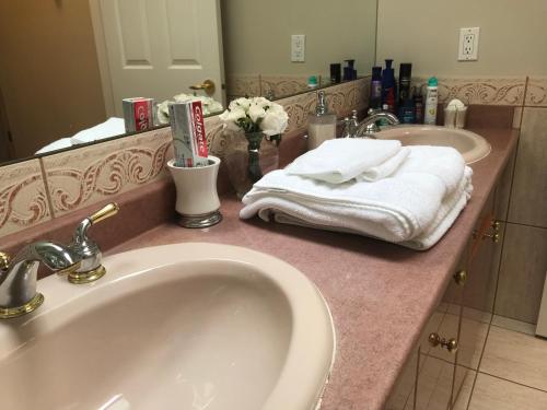 a bathroom counter with two sinks and a mirror at Royalty B&B in Richmond