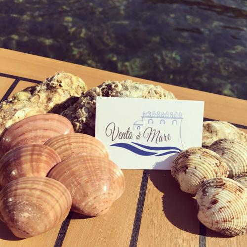 a table with shells and a sign that reads wait a minute at Vento di mare in Procida