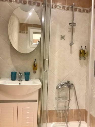 a bathroom with a shower and a sink and a mirror at Villa Fourka on the beach in Fourka