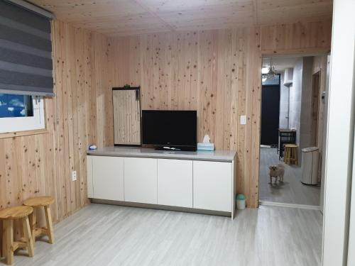 a living room with wooden walls and a tv on a counter at Grace River House Block A - Couple Room in Hoengsong