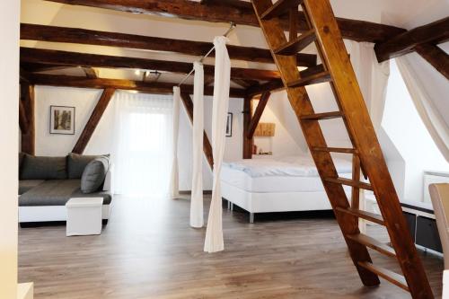 a bedroom with a ladder and a bed in a room at Ferienwohnungen Zierzow in Zierzow