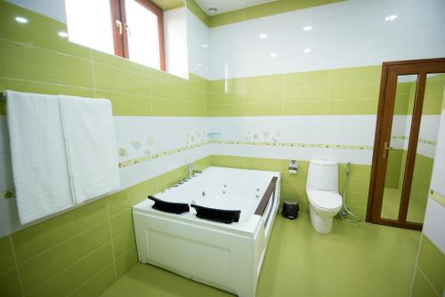a green and white bathroom with a sink and a toilet at Royal Palace Hotel in Vanadzor