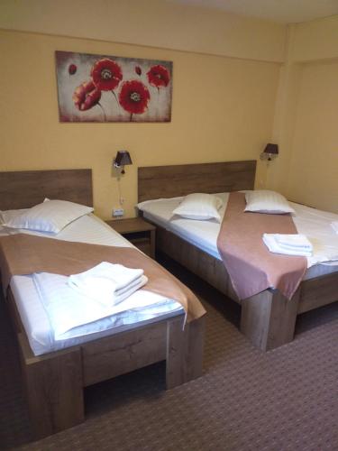 two beds in a room with red flowers on the wall at Cabana Fulg De Nea Predeal in Predeal