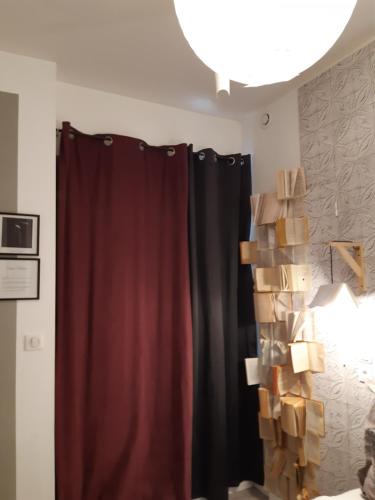 a room with a curtain and some boxes at Maison Brisson in Talence