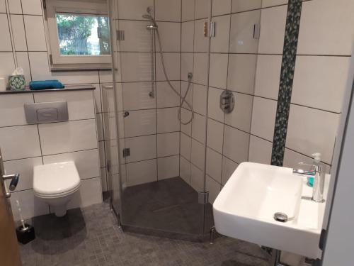 a bathroom with a shower and a sink and a toilet at Kühlhouse in Loxstedt