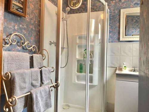 a shower with a glass door in a bathroom at Recreation Cottage in Kingston Beach