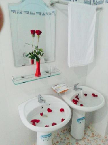 a bathroom with a toilet and a sink with blood on it at Hotel Hồng Hạc nha trang in Nha Trang
