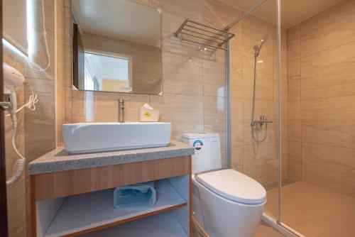 a bathroom with a sink and a toilet and a shower at Little Molly B&B in Magong