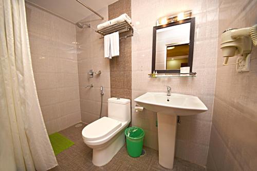 a bathroom with a white toilet and a sink at DOM Himalaya Hotel in Kathmandu