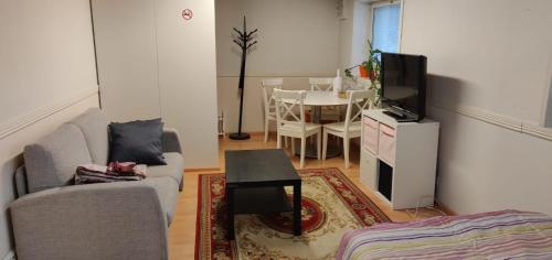 a living room with a couch and a tv and a table at Cozy Cityhome Pirkankatu in Tampere