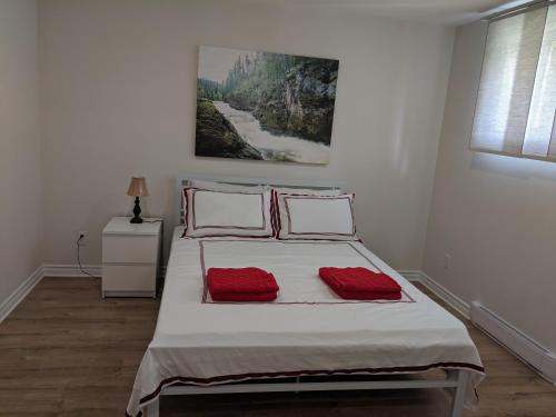 1 dormitorio con 1 cama grande con almohadas rojas en Spacious basement one bedroom apartment, WiFi. en Montreal