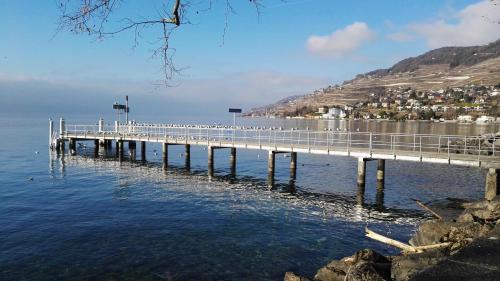 a pier stretches out into the water near a city at B&B 7e Art in Vevey
