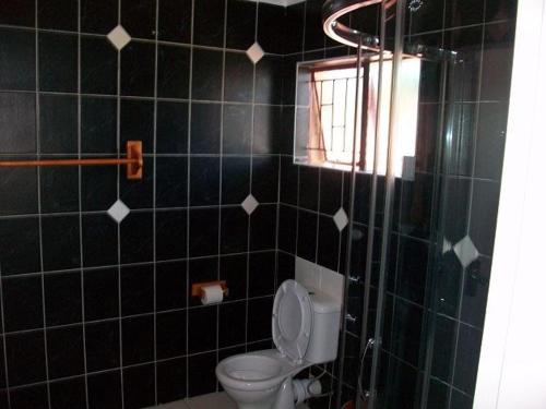 uma casa de banho com azulejos pretos, um WC e uma janela. em Koiketla Guesthouse em Pretoria